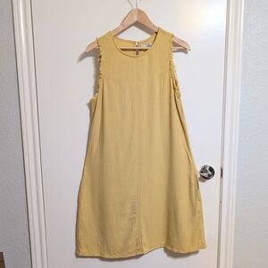 Thread & Supply Yellow Linen Blend Shift Dress with Pockets Frayed Trim Medium